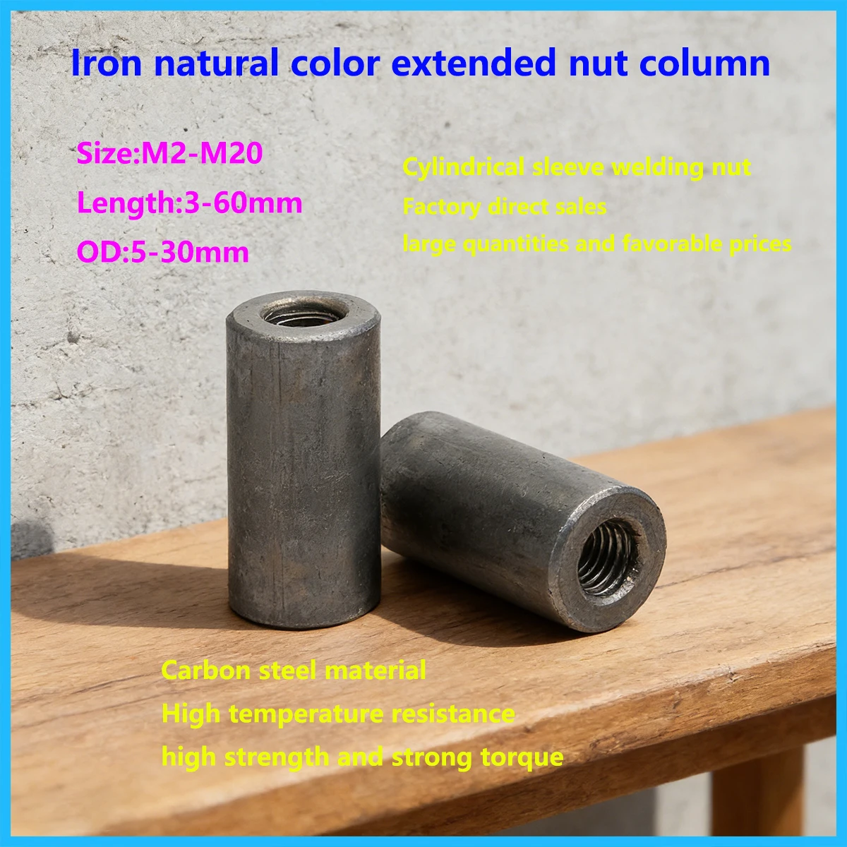 Carbon Steel Natural Color Extended Cylindrical Nut Link Rod Sleeve Welding And Compression Molding M2M2.5M3M4