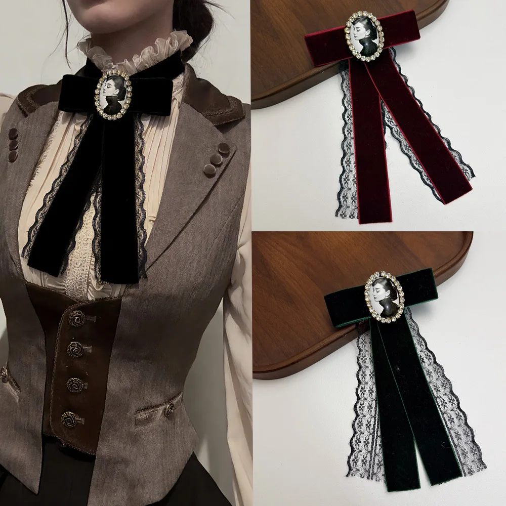 Retro Velvet Lace Bow Tie Brooch for Women Rhinestone Shirt Coat Collar Pin Wedding Party Jewelry Accessory