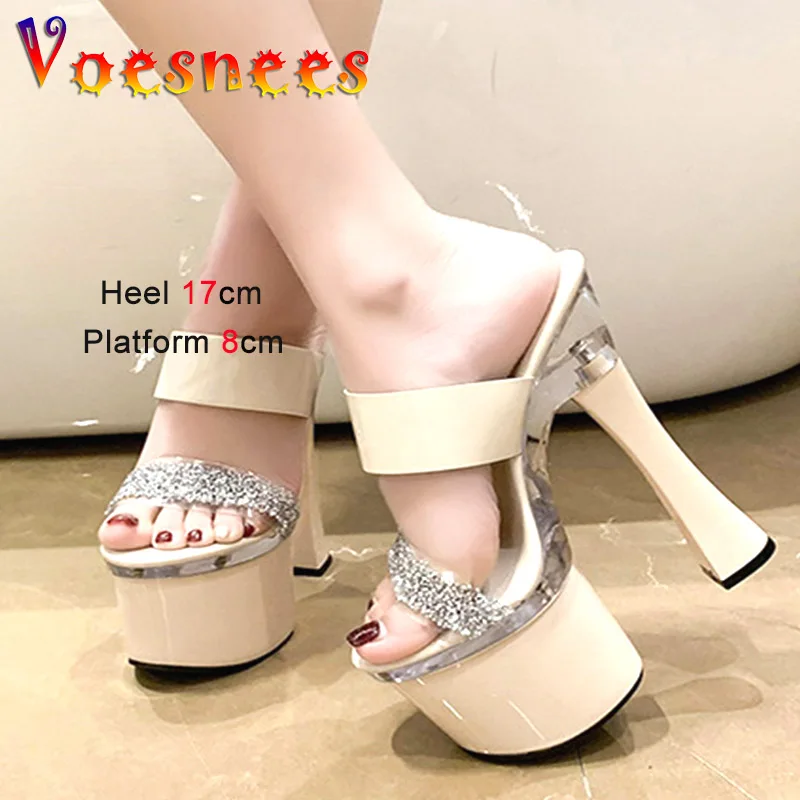 

2023 New Women Slippers 17CM Nightclub Sandals Sexy Platform Rhinestone High Heels Summer Catwalk Show Model Shoes Size 34-43