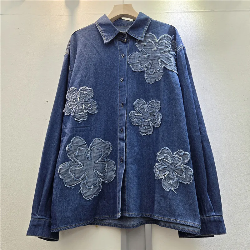 Fashion Flower Patched Design Denim Shirt Jacket Loose Casual Lapel Single-Breasted Long Sleeve Autumn Women Jeans Jacket Coat