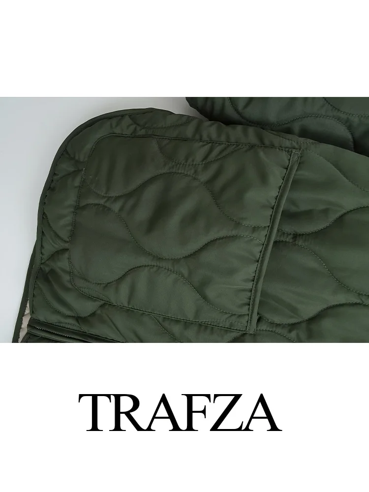 TRAFZA 2024 Casual Women Quilted Loose Cotton Coat Female Long Sleeve V-Neck Pocket Zipper Design Casual Slim Outerwear Jacket