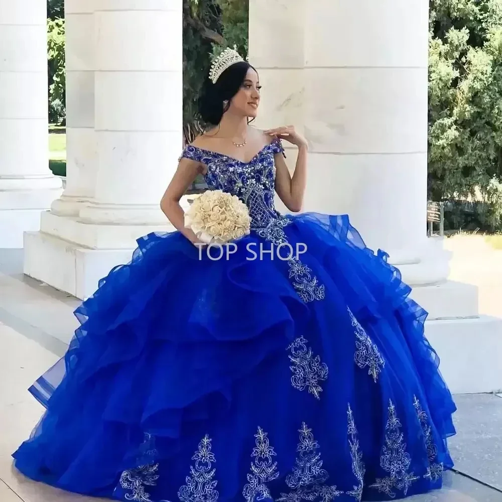 Royal Blue Off-Shoulder Quinceanera Dresses 15 Party Princess Birthday Gown Fashion Applique Tulle Special Occasion