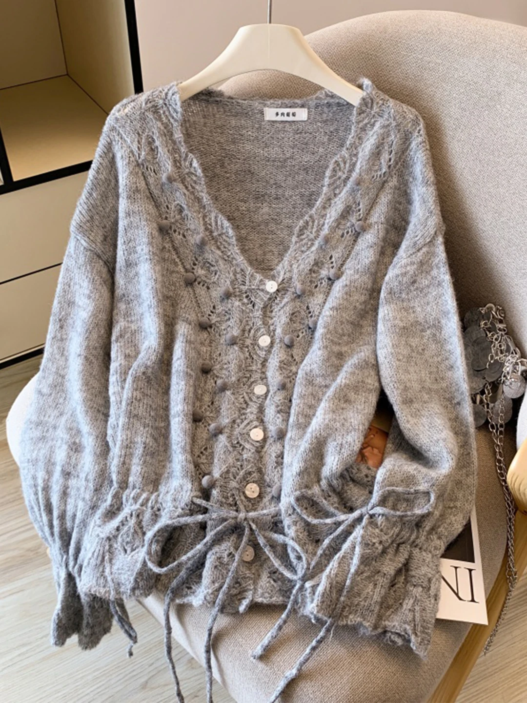 

Korean Style V-Neck Knitted Sweater Women's Spring Autumn Hollow out Comfortable Outerwear Top with Knot Design