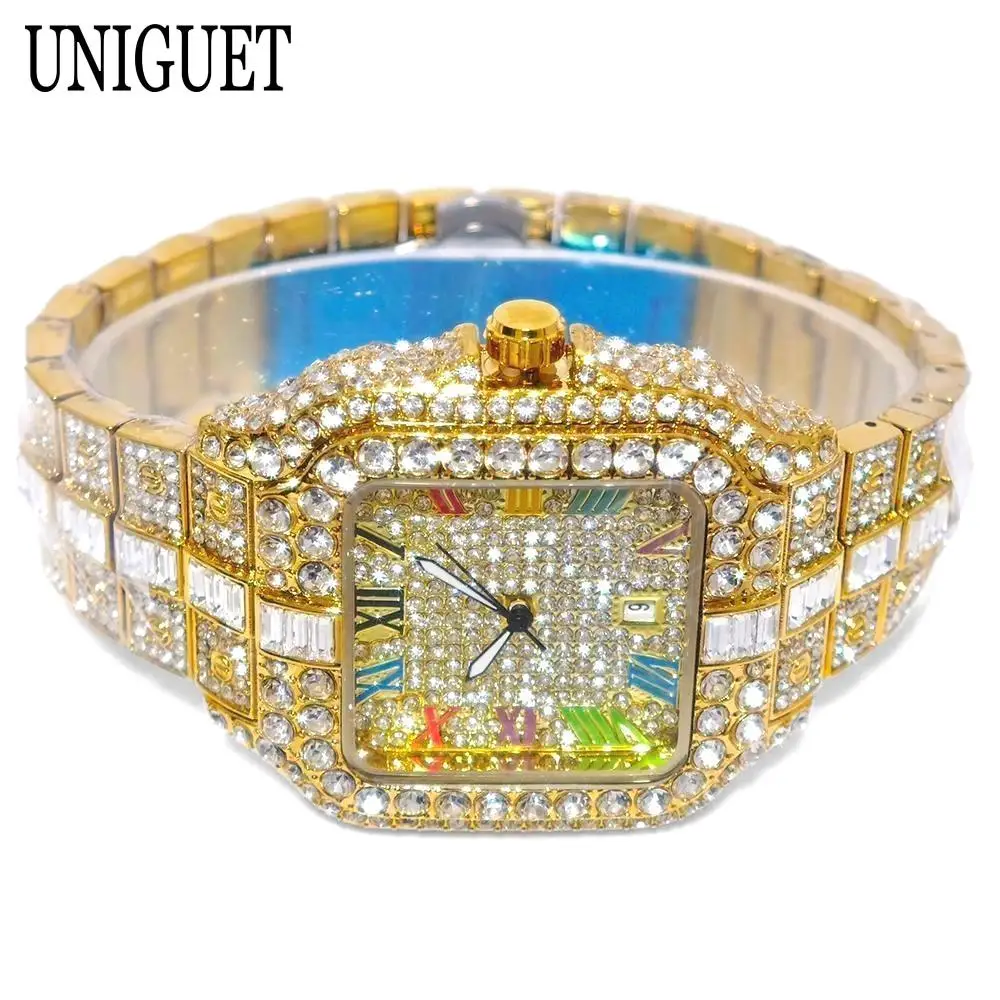 

UNIGUET Hip Hop Ice Watches Men Luxury Diamond Bling Quartz Watch Fashion Color Roman Literal Square Wristwatch Man Dropshipping