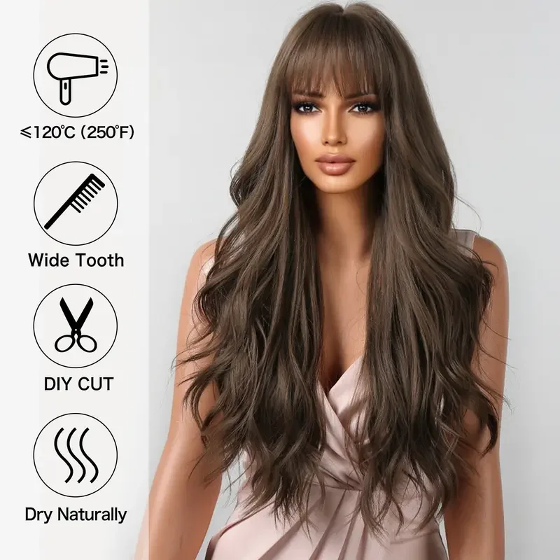 Brown Wavy Wigs for Women with Bangs Long Natural Synthetic Hair Wig Daily Cosplay Heat Resistant image 4