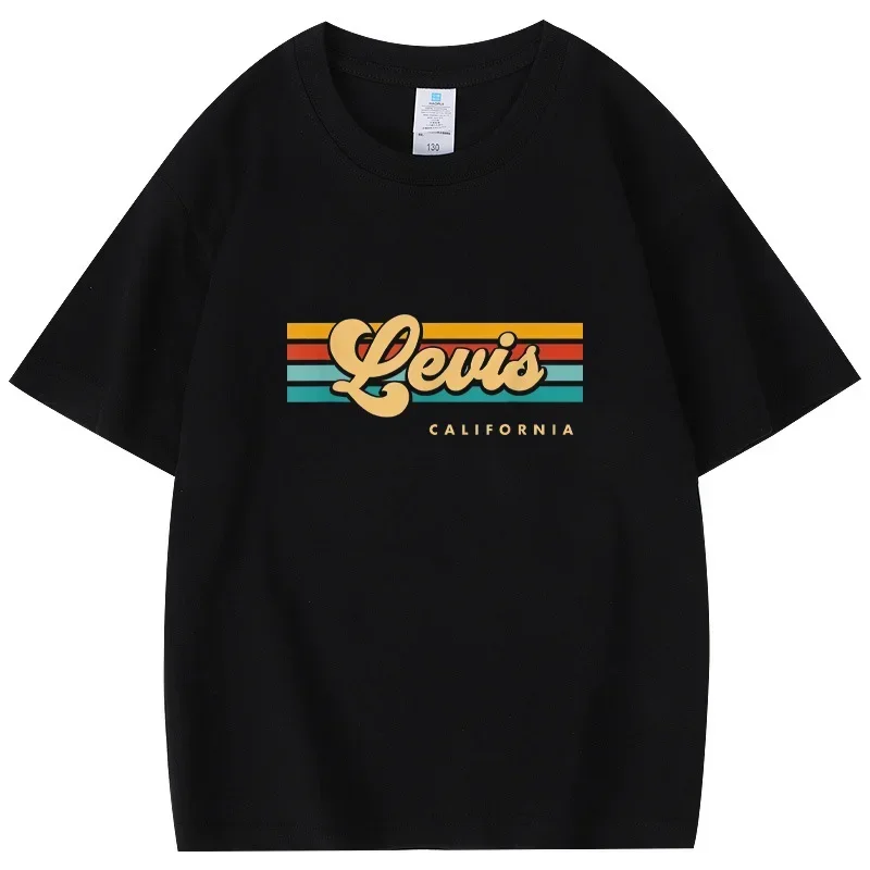2025 nuevo verano de manga corta Top hombres y mujeres moda Retro puesta de sol raya Levis, California Camiseta de algodón puro