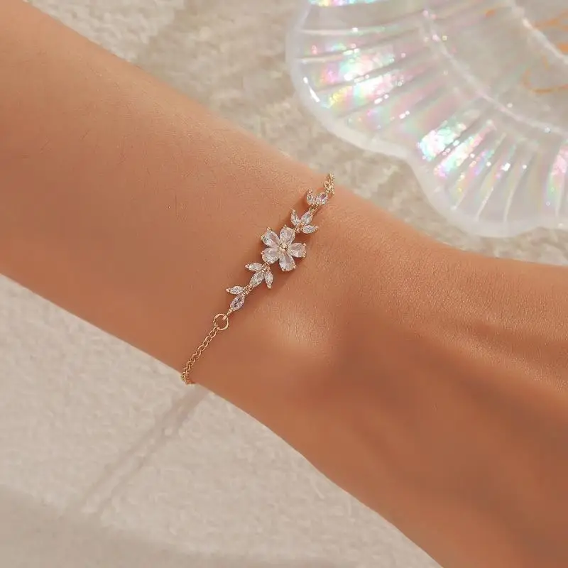 ZAKOL Romantic Zircon Flower Leaf Charm Bracelets For Women Korean Temperament Silver Color Bracelet Fashion Wear Gilrs Jewelry