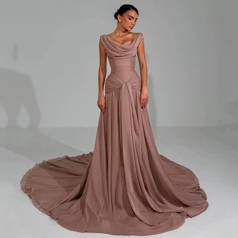 

Sumnus Elegant A-Line Evening Dresses Chiffon Boat Neck Pleated Maxi Draped Sleeveless Prom Dresses فساتين 2026 Customized