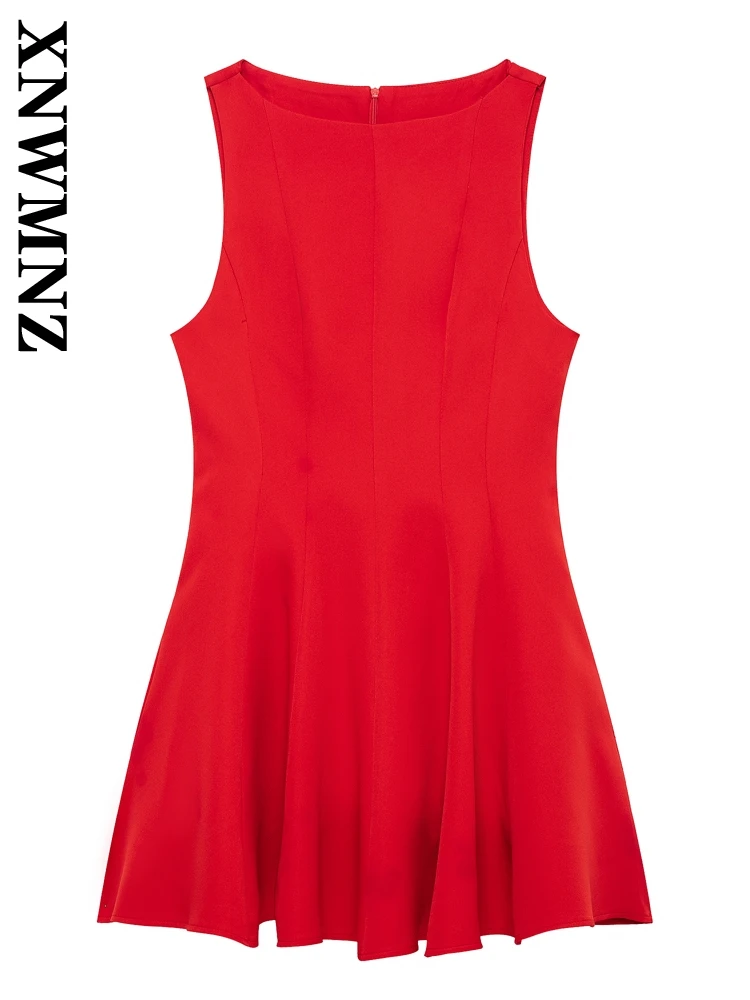 

XNWMNZ 2025 Summer Lady Edgy O-Collar Midi Skirt Dresses Sophisticated Female Sleeveless Top Ruffles Regular Fit zipper Dress