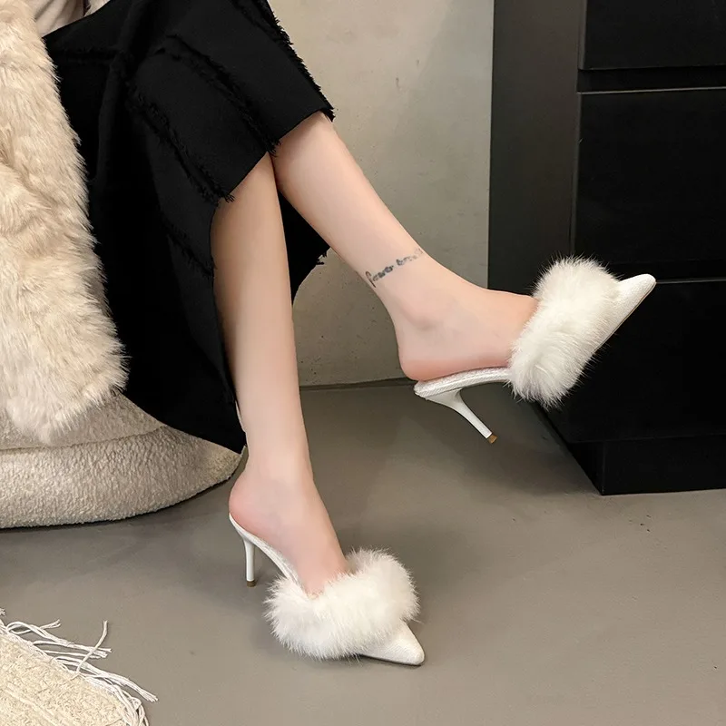 

Women Warm Plush Pointed Toe High Heels Winter Mules Slipper Korean Fashion Design Thin Heels New Flip Flops Pumps Zapatos Mujer