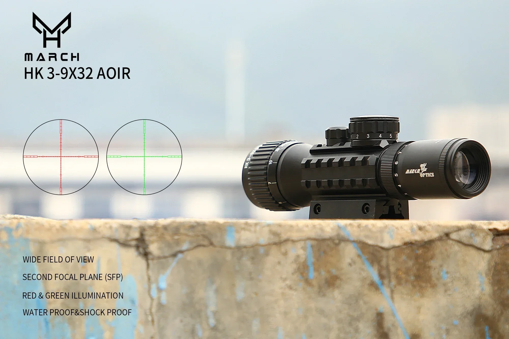 MARCH HK3-9X32AOIR Fishbone Ring Short Riflescope 20mm Rail Rifle Scope For Hunting Sniper Airsoft Air Guns Red Dot Mounts