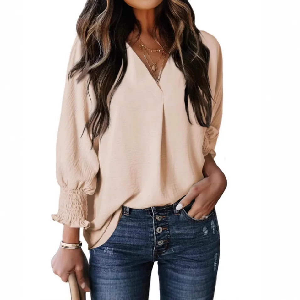 

European American Autumn and Winter New Women's V-neck Casual Long-sleeved Loose Shirt