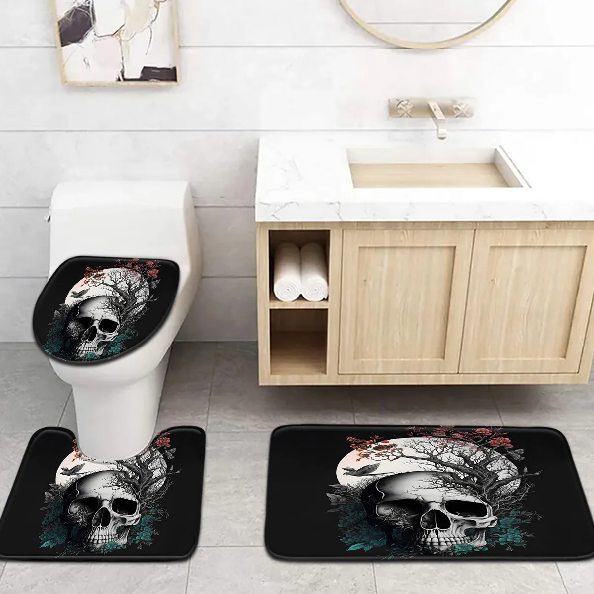 Late Night Moon Gothic Skeleton Bathroom Set - Soft Non Slip Contour Mat, Toilet Lid, and Bath Mat for Unique Home Decor