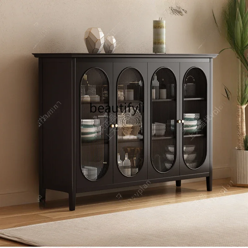 

44Sideboard Cabinet Solid Wood Glass Door Tea Cabinet Household Living Room Locker Simple Modern