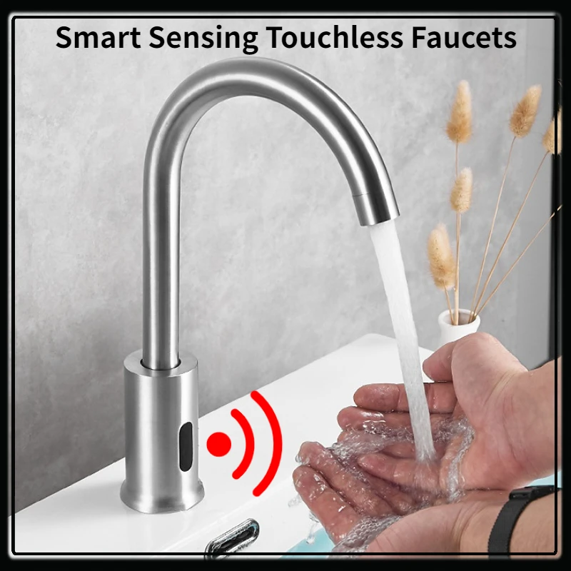 

Brushed Nickel Smart Sensor Faucet Infrared Bathroom Basin Faucet Hi-Tech Tap Kitchen Sink Touchless Mixer Tap Vanity Auto Tap