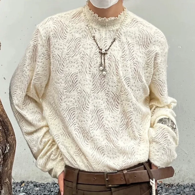 Japanese Half Collar Lace Base Pullovers New Unisex Style Knitted Long Sleeved T-shirt Men Hollowed Out Temperament Thin Sweater