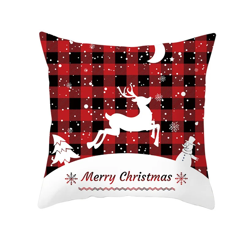 Red green checkered Christmas pattern throw pillow cover with short plush print for living room sofa decoration cushion cover