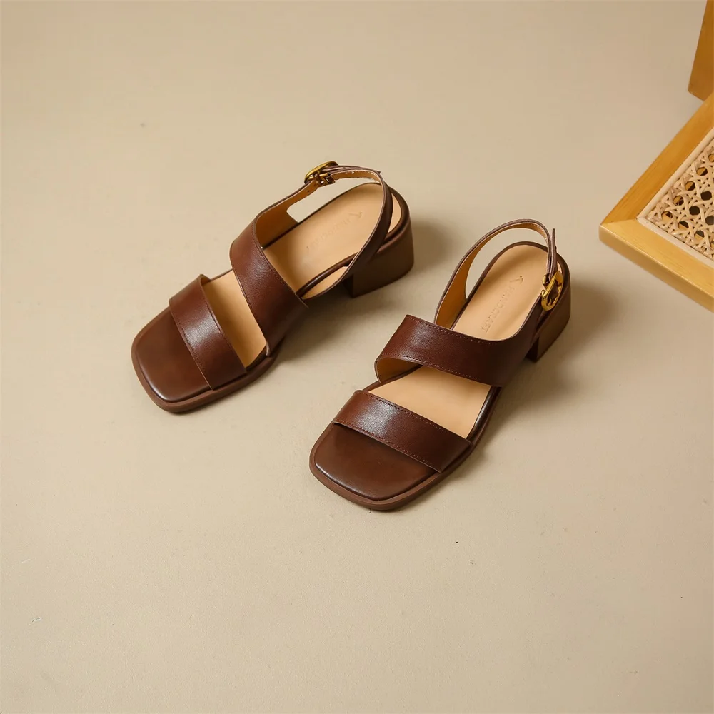 Taoffen Genuine Leather Sandals Casual Street Style Summer Roman Sandals Square Heel Female Open Toe Buckle Strap Women\'s Shoes