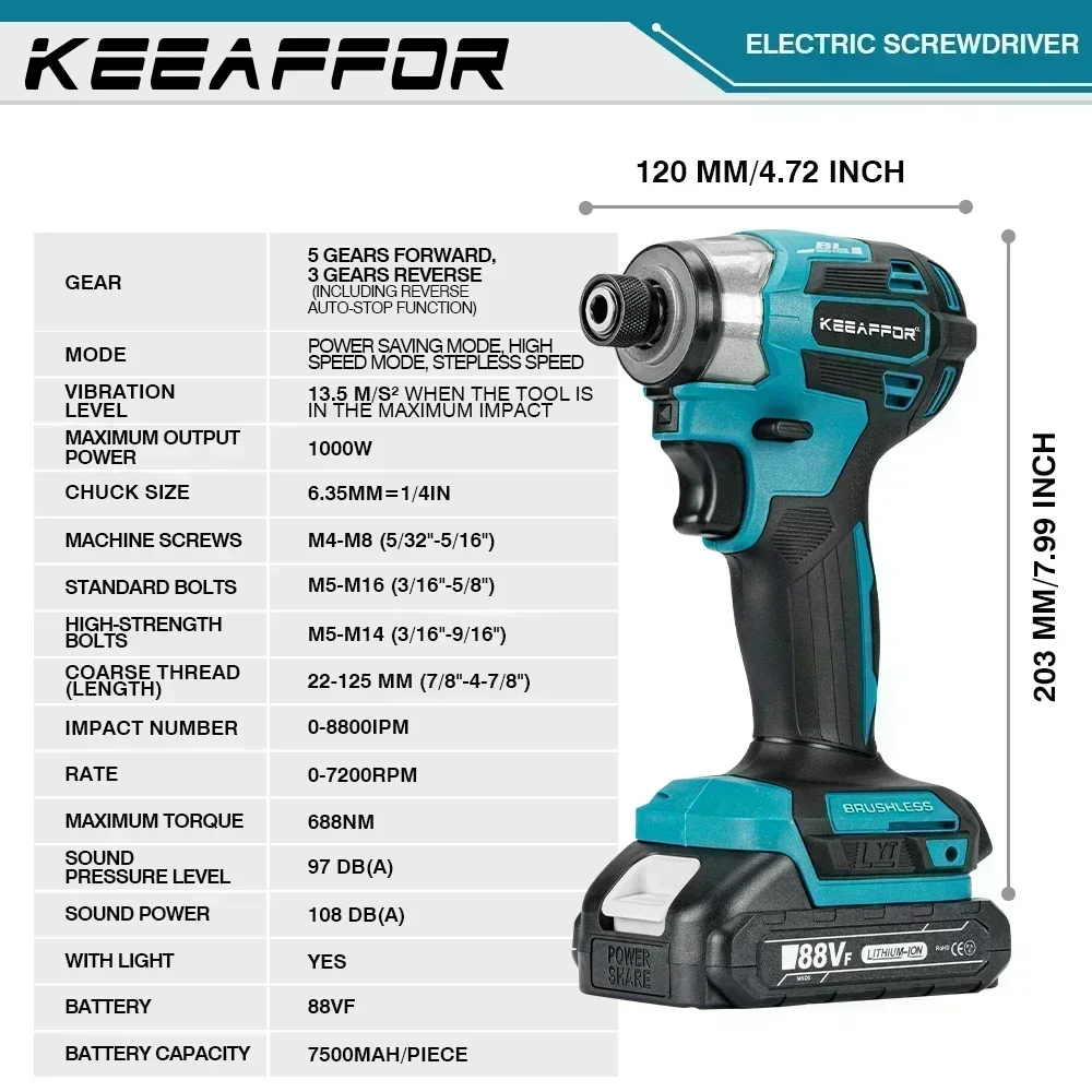 KEEAFFOR 688N.m 5Gear Brushless Electric Screwdriver Cordless Electric Power Tool Impact Driver Kit Drill For Makita 18V Battery