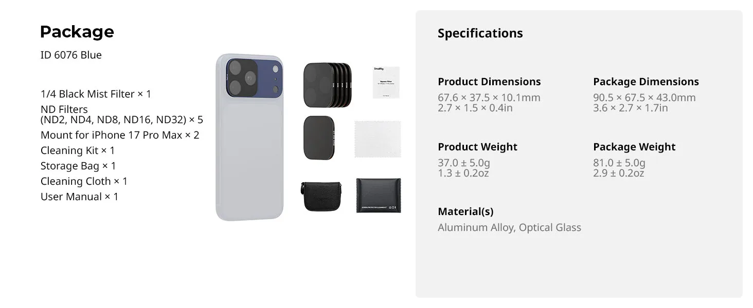 SmallRig Square ND & Black Mist Filter Kit für iPhone 17 Pro und iPhone 17 Pro Max, 3 Farben zur Auswahl mit ND2/4/8/16/32 & Halterung – Detail 18