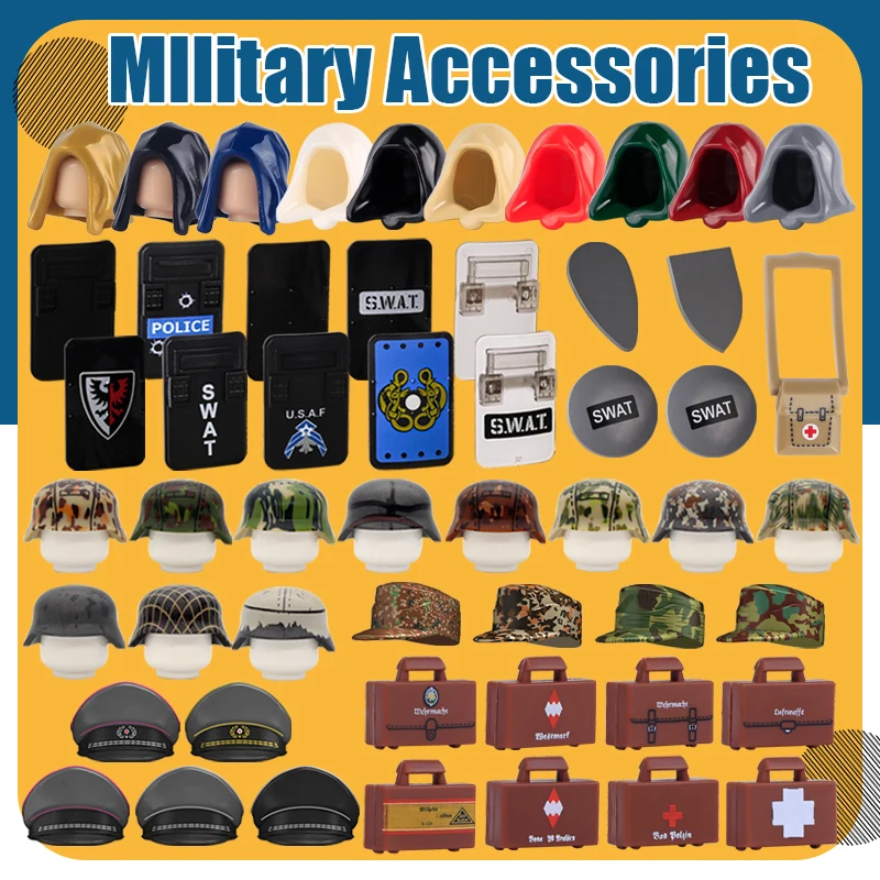 MOC العسكرية SWAT الشرطة الجندي اللبنات الرصاص درع خوذة قبعة حقيبة معدات الجيش اكسسوارات الطوب لعبة الهدايا #1