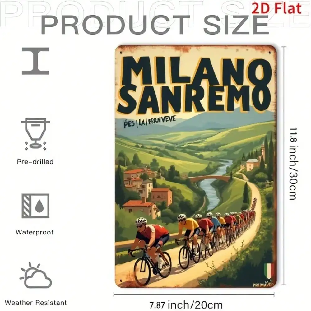 Retro Milan Sanremo Metal Vintage Bicycle Sign Wall Art Decor For Home Bar Garage Man Cave Office - 8x12 Inch Tin Plaque