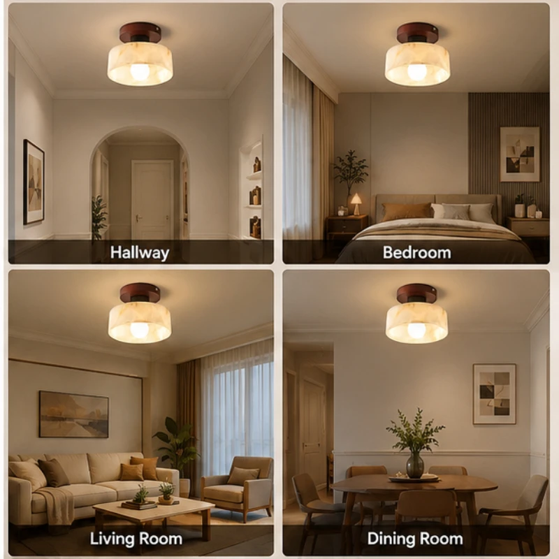 Jade Marble Ceiling Light 5W LED Flush Mount Wood Base Foyer Lamp for Hallway Porch Bedroom Balcony Corridor Home Ceiling Light