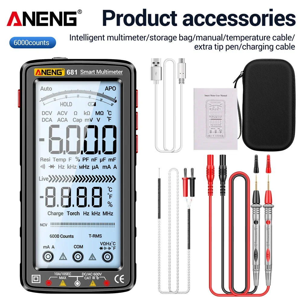 ANENG 683 682 681 Smart Digital Multimeter Rechargeable Capacitance Meter Hz Ohm Diode Tester 6000 Counts AC/DC Measuring Tools