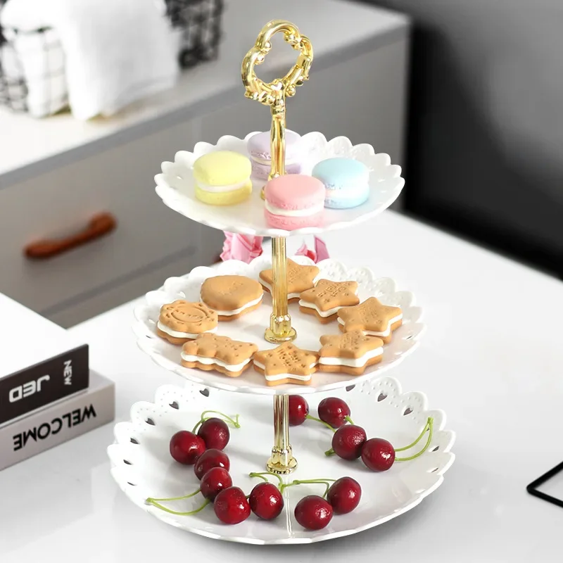 Soporte apilable de 3 capas para Tartas, bandeja de plástico para magdalenas, té de la tarde, postre, plato de fruta, herramienta de estante para fiesta de cumpleaños y boda