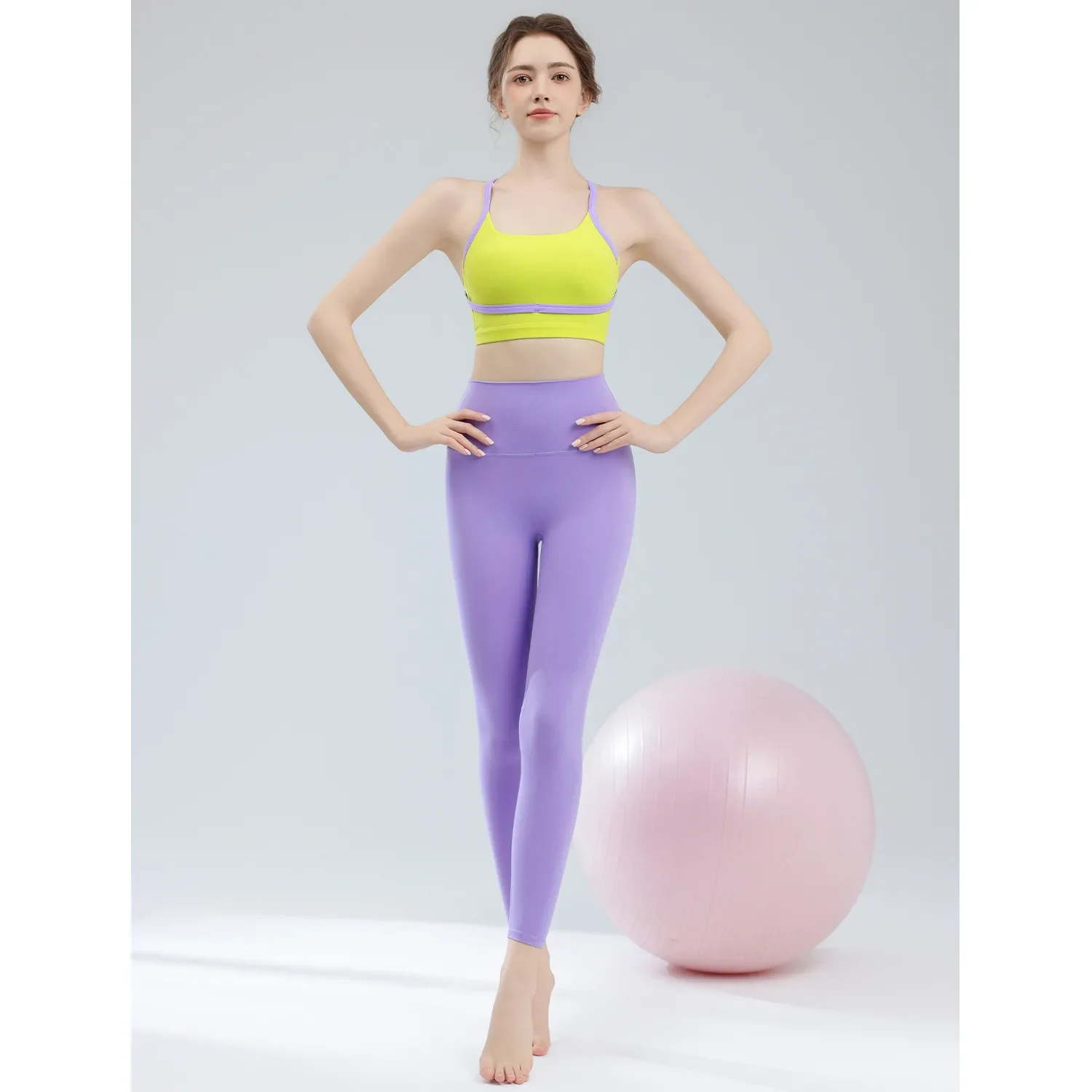 Yoga clothes, vest set, women's contrasting stripes, cross back, sports bra, underwear, quick-drying high-waisted fitness pants.