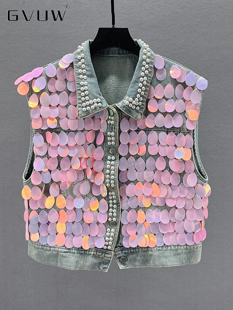 

GVUW Fashion Denim Jackets Lapel Women High Waist Sleeveless Single Breasted Sequins Beading New 2024 Female Coats 17G7807