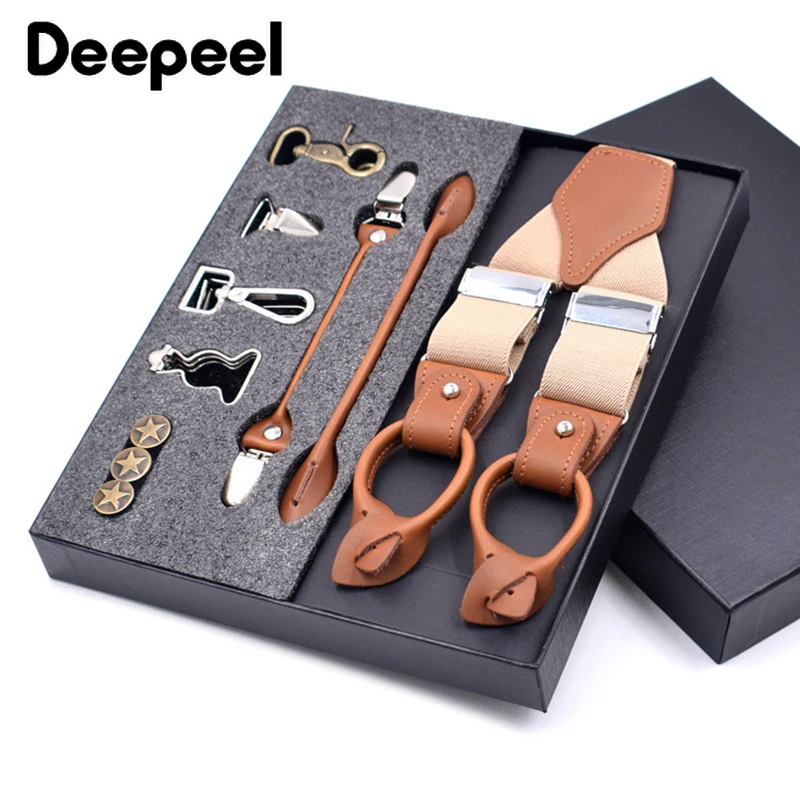 Deepeel 1Set 3.5*125cm Business Men Suspender Luxury Multi-set Suit 3/6 Clips Work Suspenders DIY Leather Elastic Male Jockstrap