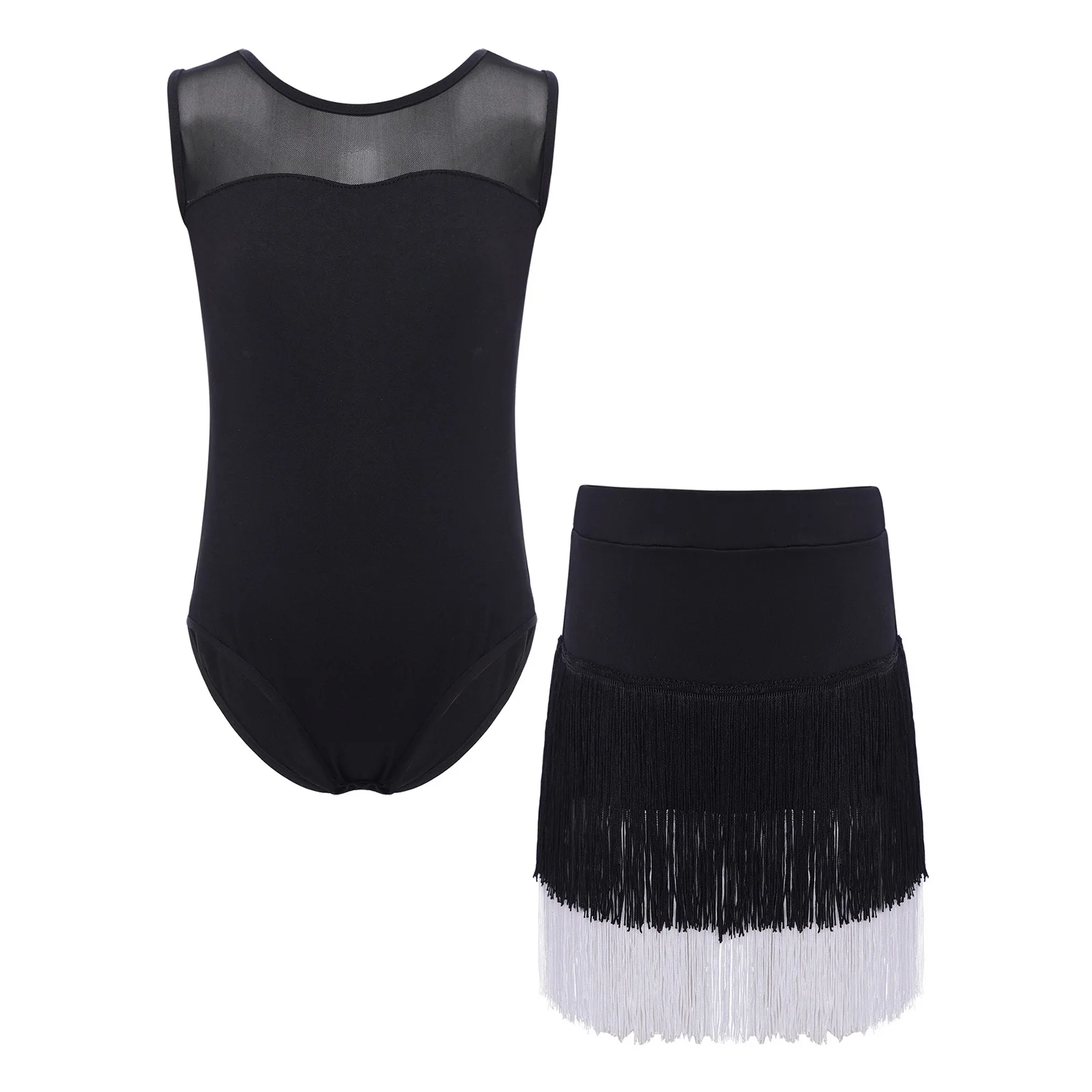 Crianças meninas traje de dança latina sem mangas pura malha retalhos botões imprensa virilha collant + saia borla samba tango dancewear