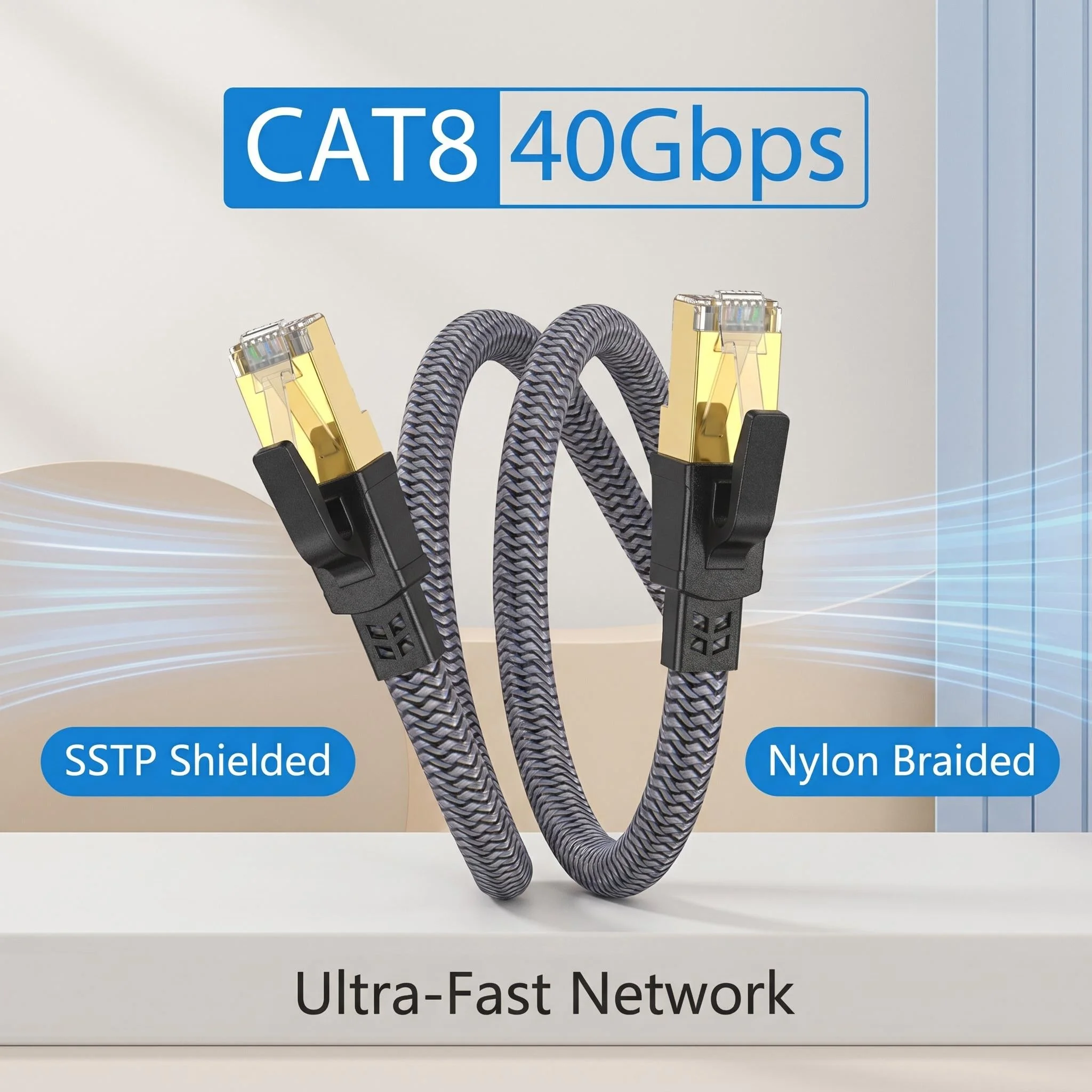 CAT8 40Gbps SSTP Ethernet Cable Flat Nylon Braided Gold Plated RJ45 LAN Network Cable for Gaming Home Office High Speed Data