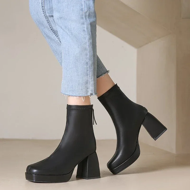 High Heels Short Boots Women Fashion Shoes Autumn Winter Chunky Heels Waterproof Square Toe Plus Size Ankle Boots 2024