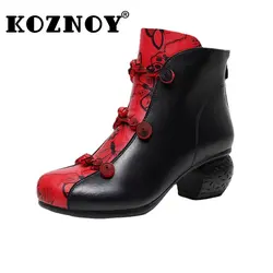 Koznoy Women's Autumn Boots New 5cm Microfiber Synthetic Handmade Ethnic Chunky Heel Soft Soled Winter Ankle Print Plush Shoes