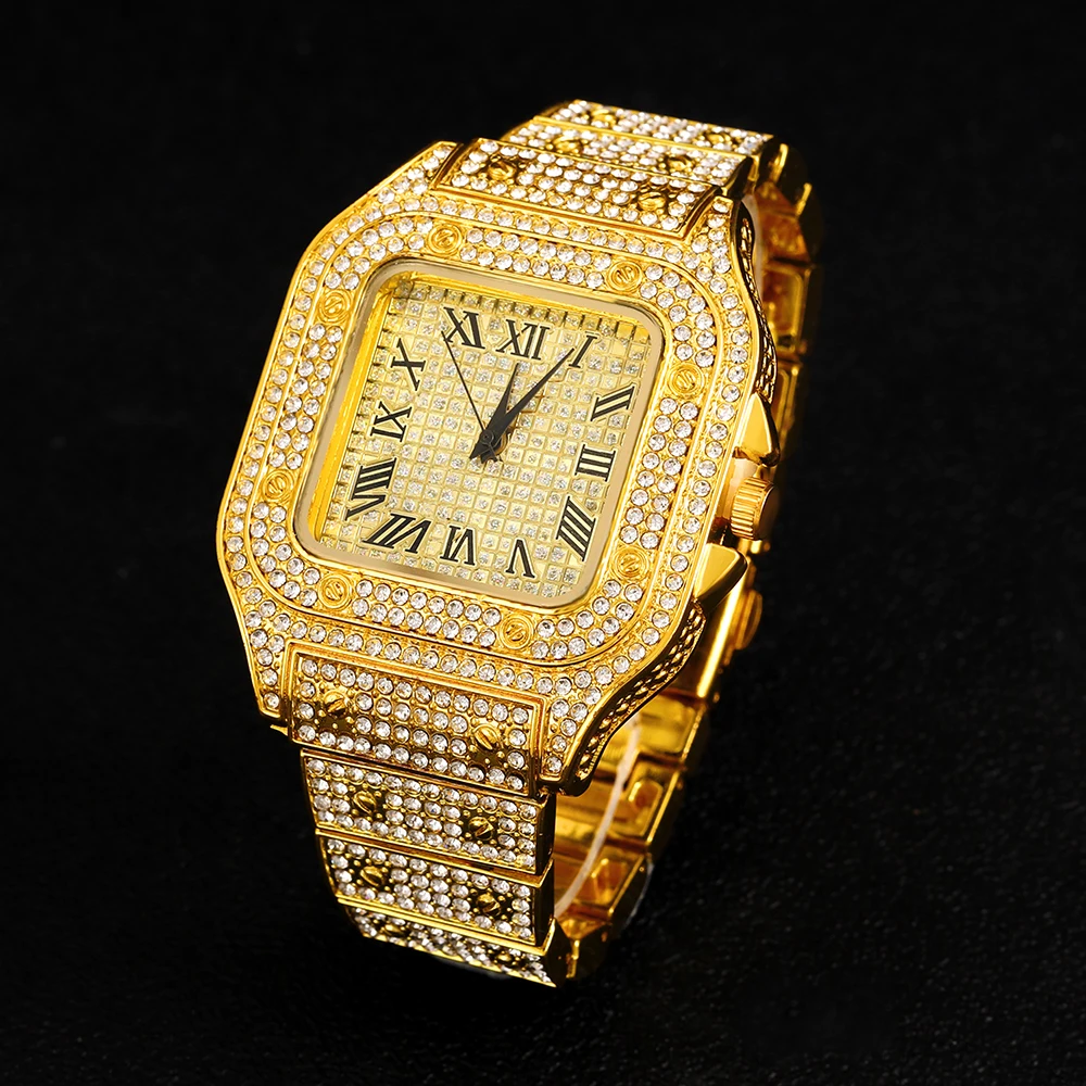 3pcs Stylish Watch Set Luxury Hip-hop Punk Sugar Cube Chain+Bracelet+Square Watch 3-in-1 Set Men Street Style Trend Jewelry Gift