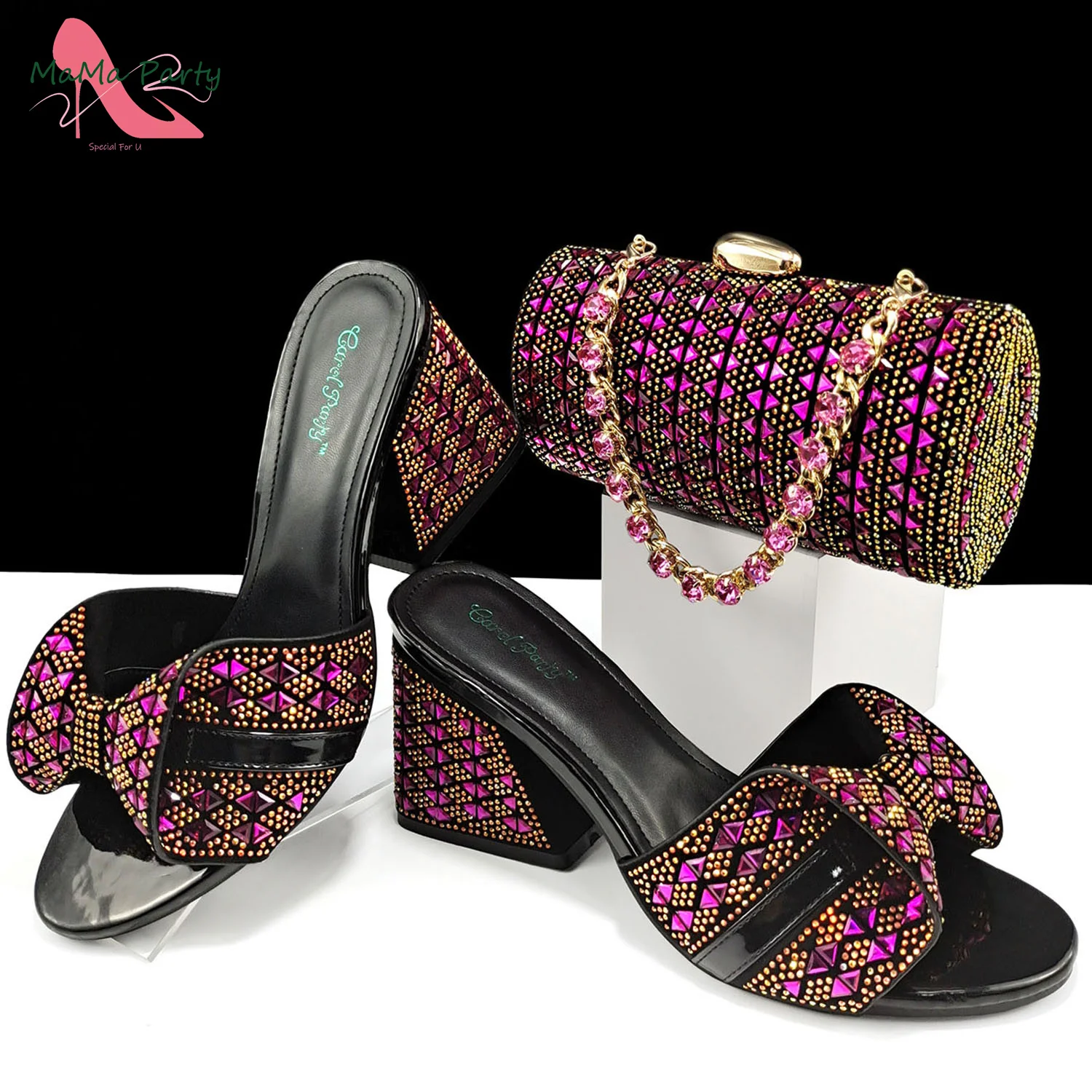 

Fuchsia Summer New Design Italian Shoes and Bag Set Decorate with Crystal Comfortable Heels Slipper for Garden Party