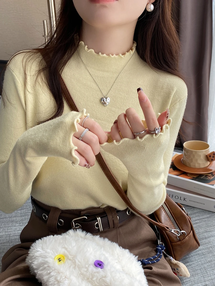 AOSSVIAO maglione dolcevita morbido di alta qualità autunno inverno maglione volant pullover donna 2025 maglione donna basic sottile maglione