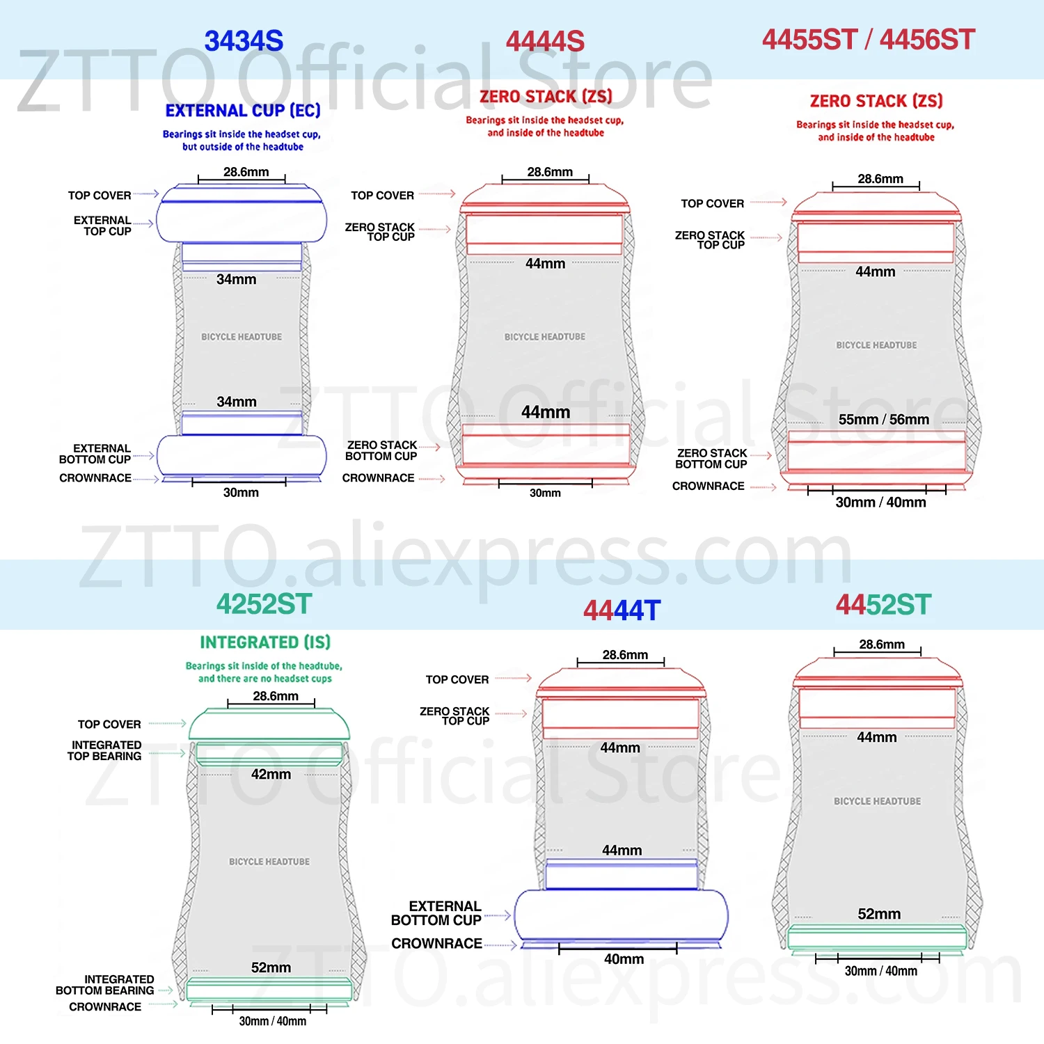 ZTTO Bicycle Headset 42mm 44mm 56mm ZS44 IS42 IS52 ZS56 1-1/8\