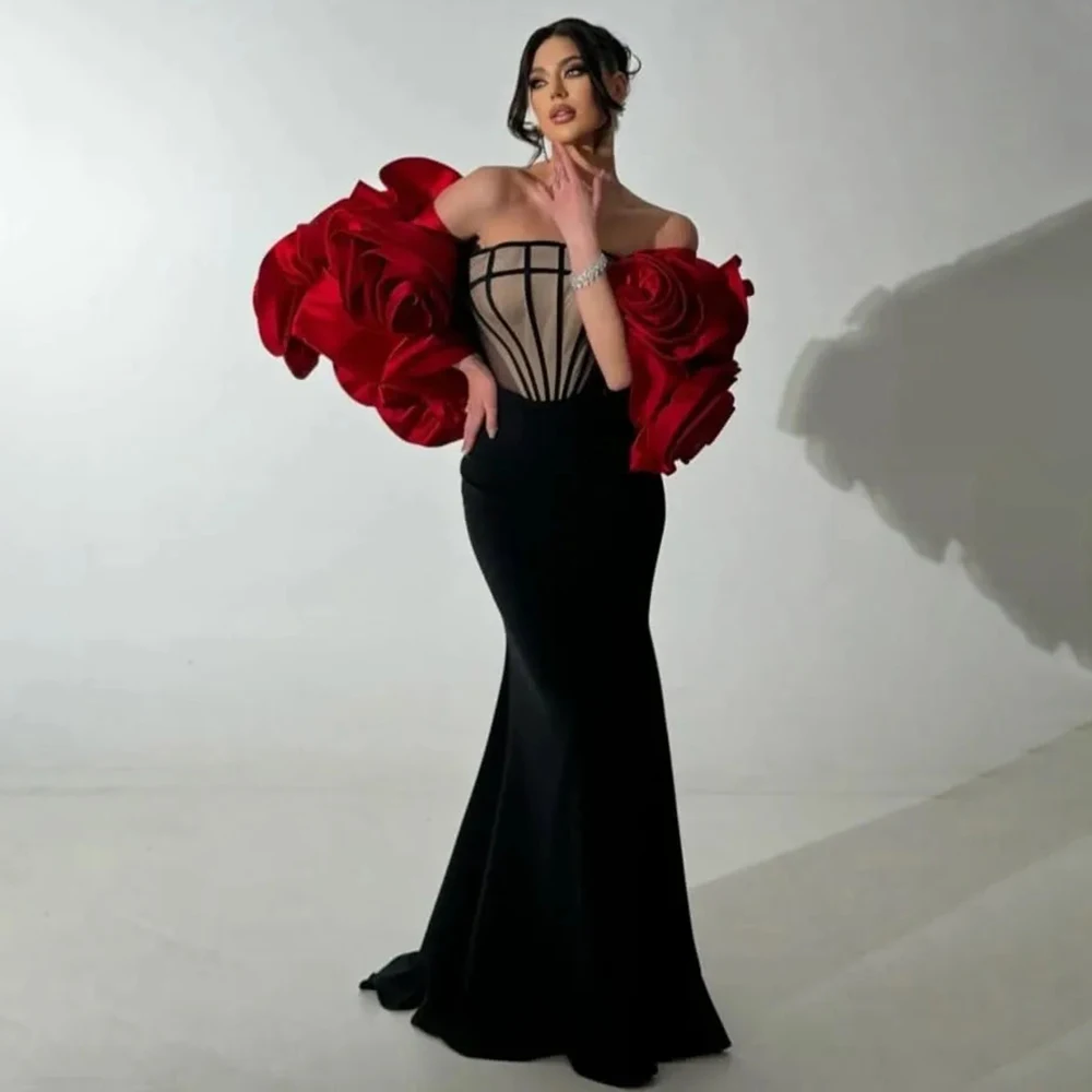 

RFYR Red Prom Dress Mermaid Evening Dress 3D Flowers Party Dress Fish Boned Celebrity Gala Dress for Women Customized