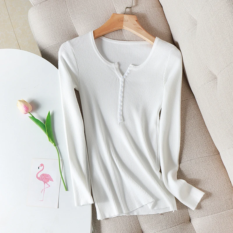 

Women Autumn Knitted Slim Sweaters Solid Knitted Cotton Button V-neck Soft Elastic Pullovers Button Long Sleeve Female Sweater