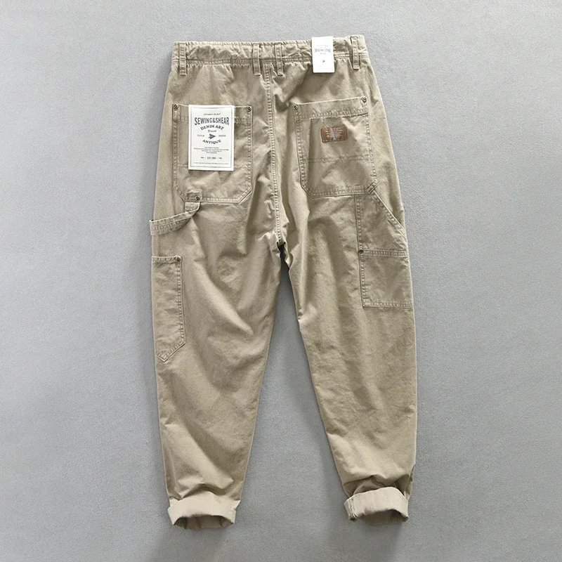 Japanese cargo style men's casual pants may Khaki all-in-one trousers retro loose pure cotton straight youth pants