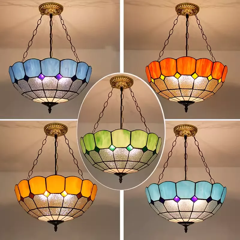 

Tiffany Stained Glass Pendant Lights Vintage Mediterranean Mosaic Hanging Lamp for Living Room Decoration Kitchen Light Fixtures