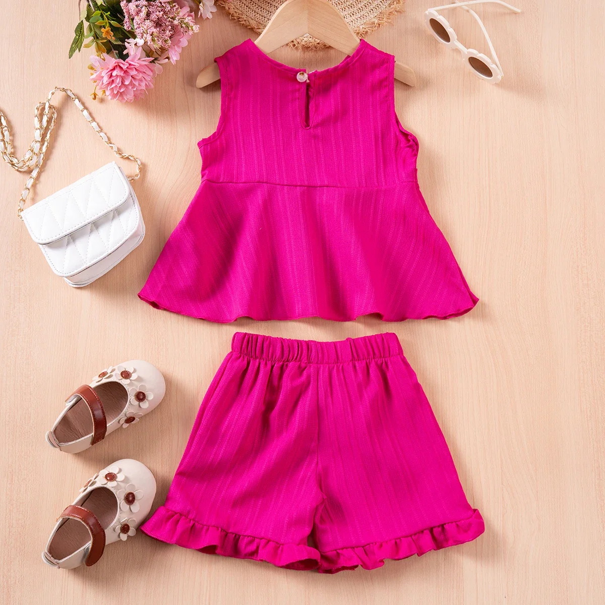 Summer Kid\'s Casual Suit Baby Girl Solid Color Sleeveless Top + Ruffle Shorts 2pcs Small Fresh Style Suitable for Daily Wear