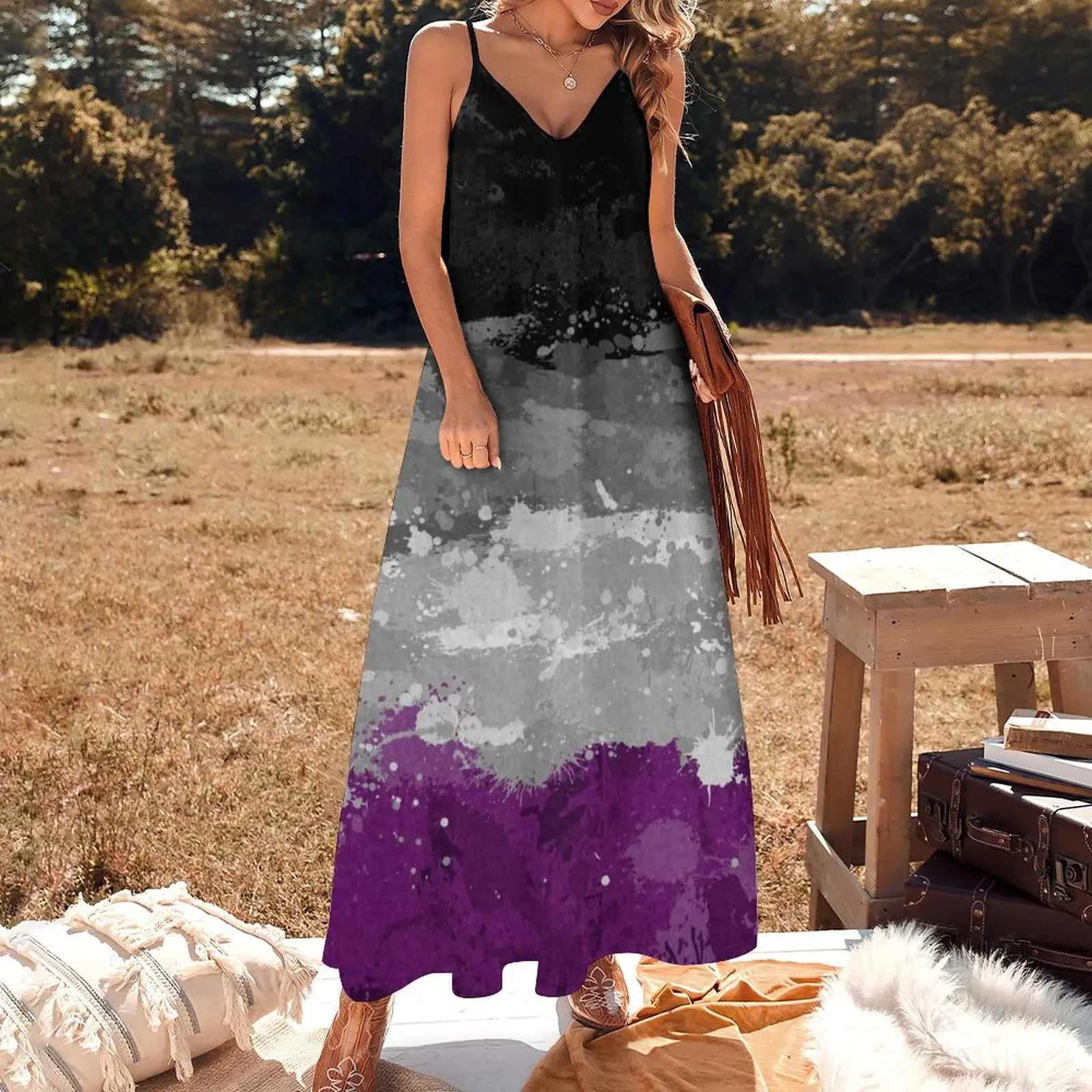 Abstract Paint Splatter Asexual Pride Flag Pattern Sleeveless Dress Women long dress summer dress for women 2023