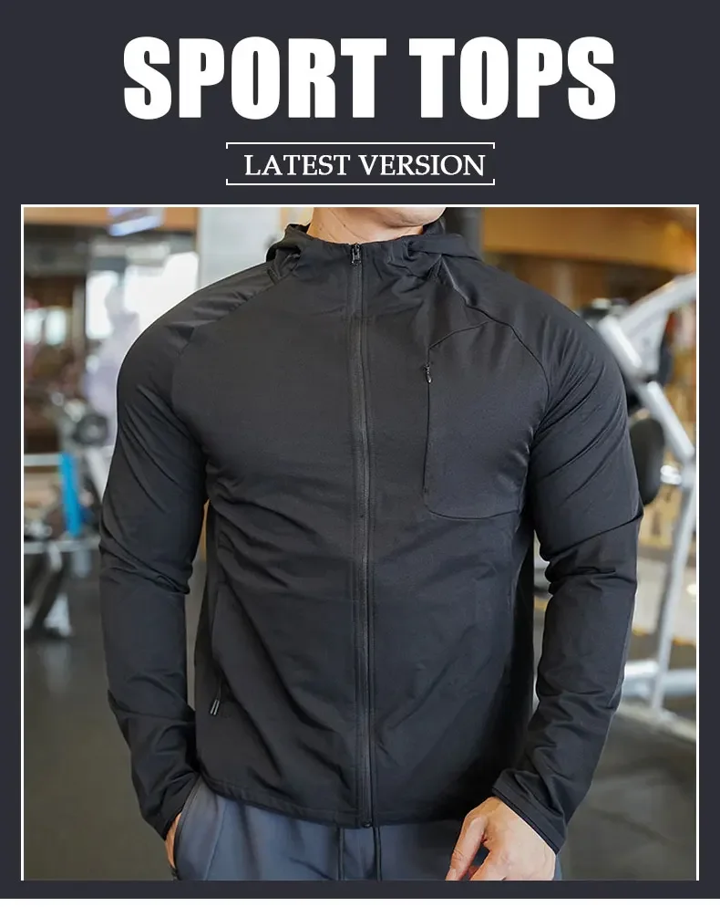 Hochwertiger Nylon-Sportmantel für Herren, Fitnessstudio, Fitness, Hoodies, Outdoor-Workout-Tops, Kapuzentraining, Laufen, Reißverschlussjacke, Kleidung – Detail 1