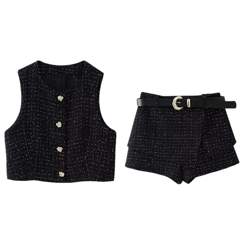 Small Fragrant Two Piece Set Women Tweed Jacket Sleeveless Coat Short Vest + Short Suits Fashion Sweet Chic 2 Piece Pant Sets