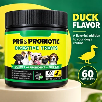 Dog Prebiotic Probiotic Soft Chews with Enzymes & Pumpkin, Duck Flavor Digestive Support Treats, 60 Count, 120g Gut Health Care 1
