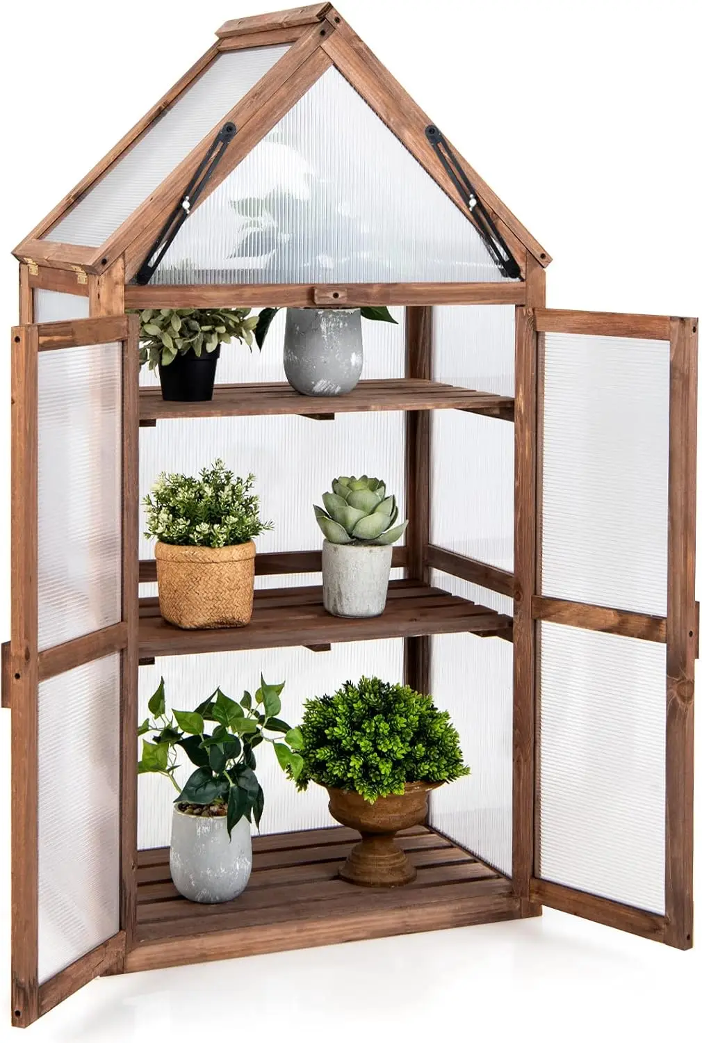 Cold Frame Greenhouse Mini Wooden Greenhouse Raised Flower Planter Shelf w/Transparent Openable Roof Double Doors